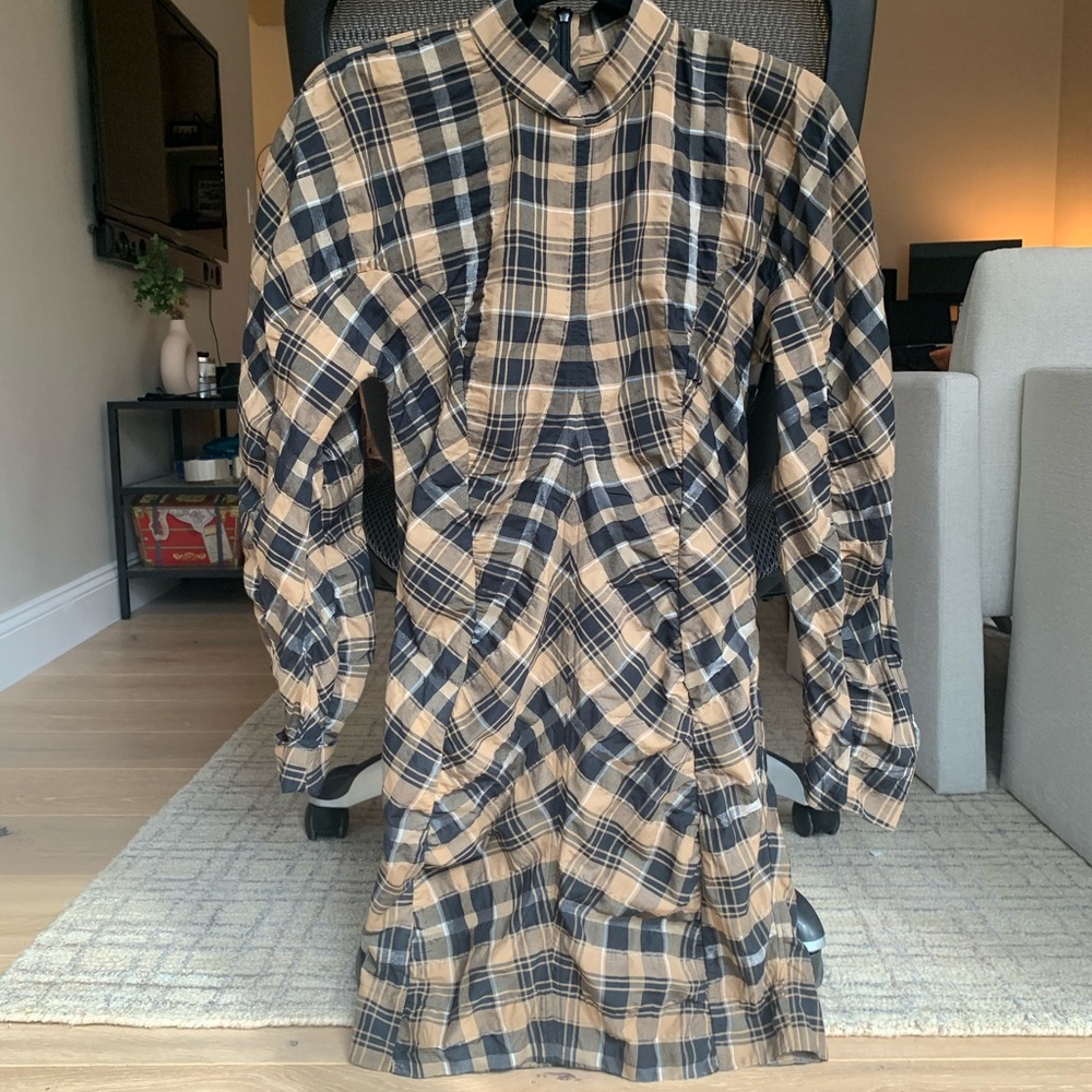 Ganni Plaid Ruched Seersucker Mini Dress